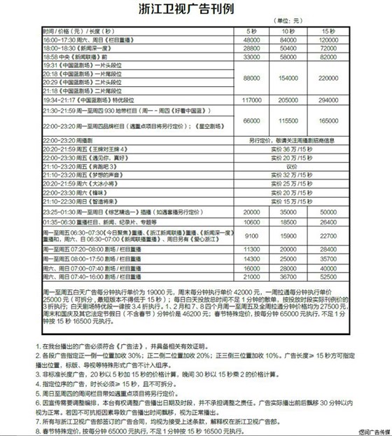 浙江卫视广告刊例