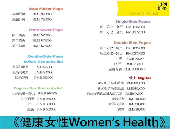 Women's Health 健康女性杂志广告价格