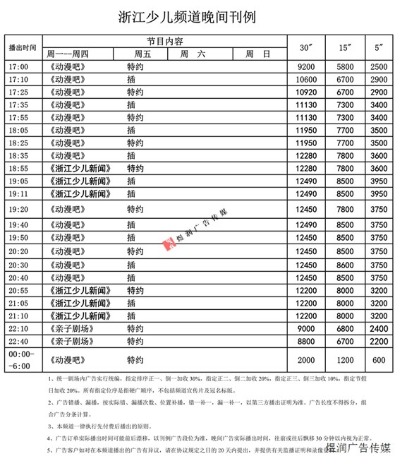 浙江少儿频道广告价格