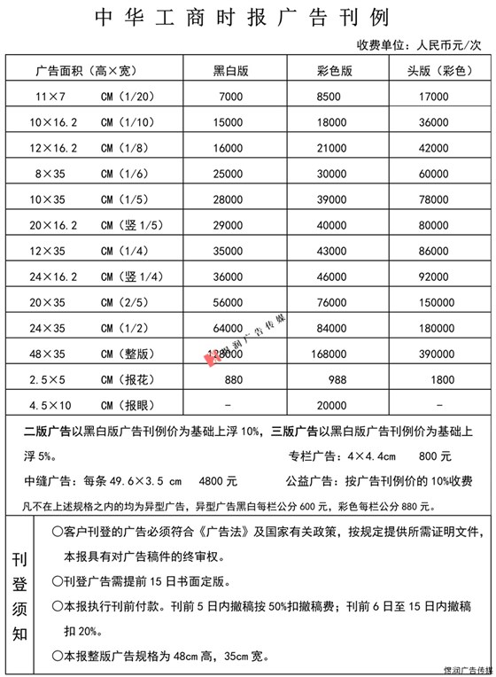 中华工商时报广告价格