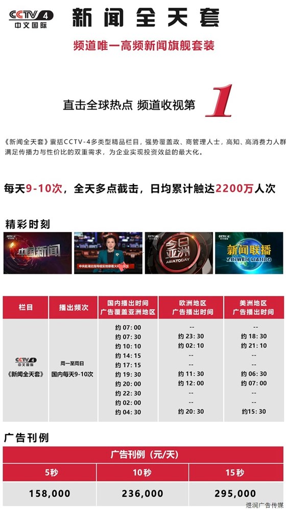 中央4台新闻全天套广告价格