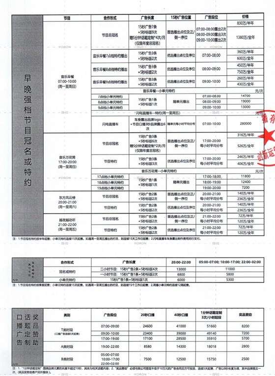 2024年动感101价目表