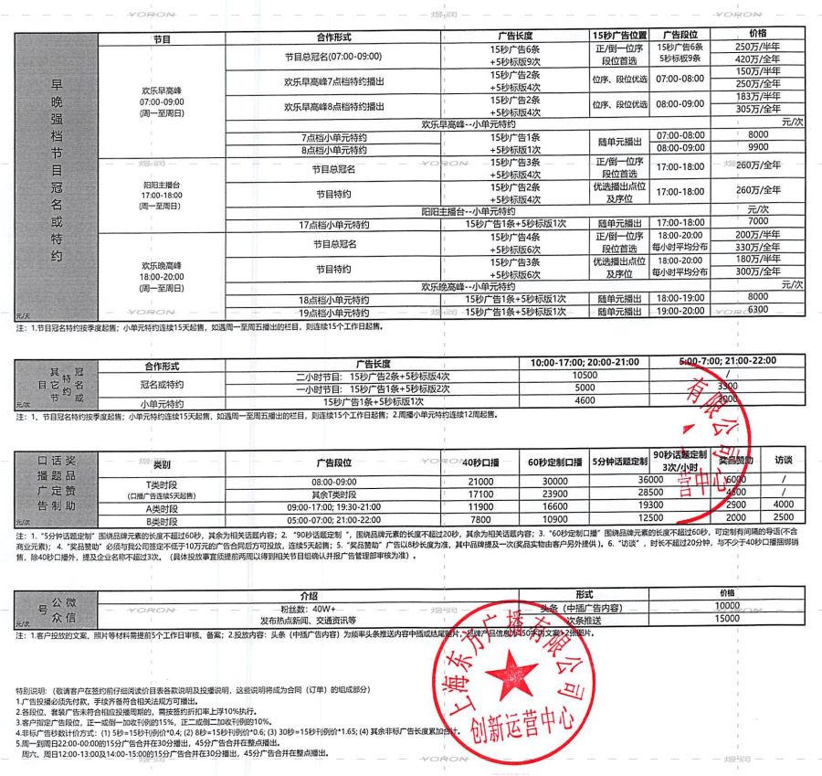 2024年交通广播价目表