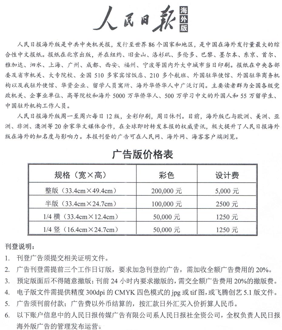 2019人民日报海外版广告投放价格