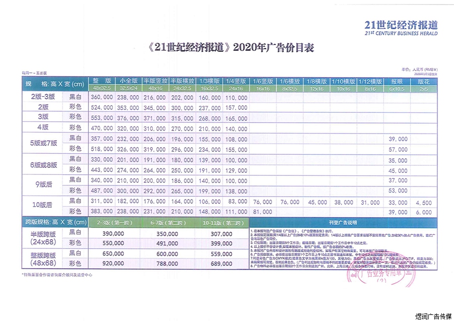 21世纪经济报道广告价格