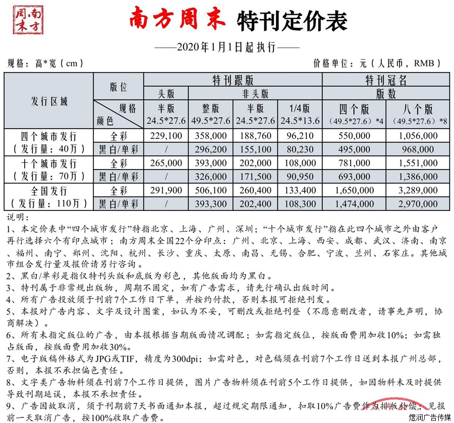 南方周末特刊广告价格