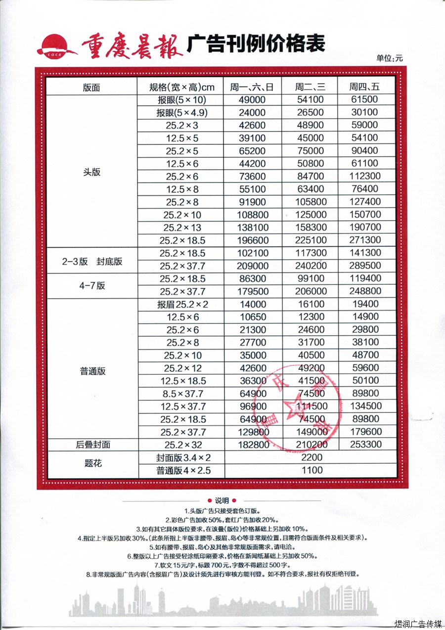 重庆晨报广告登报价格