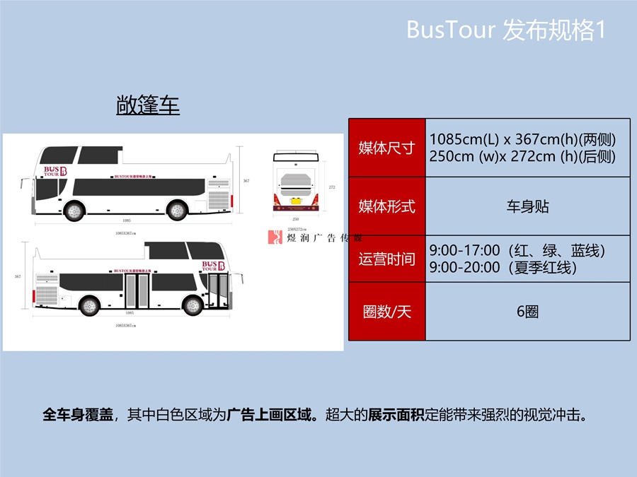 双层敞篷观光巴士车身广告区域