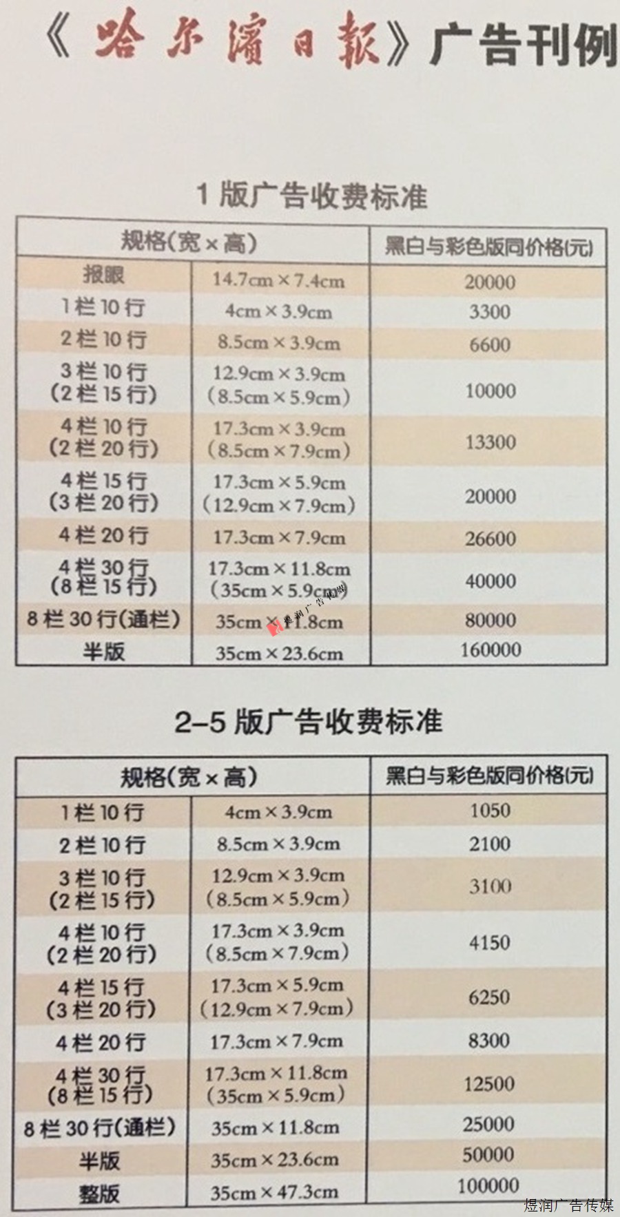 哈尔滨日报广告价格