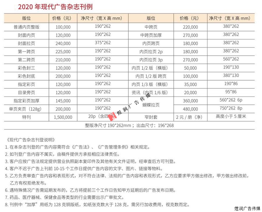 现代广告杂志广告价格