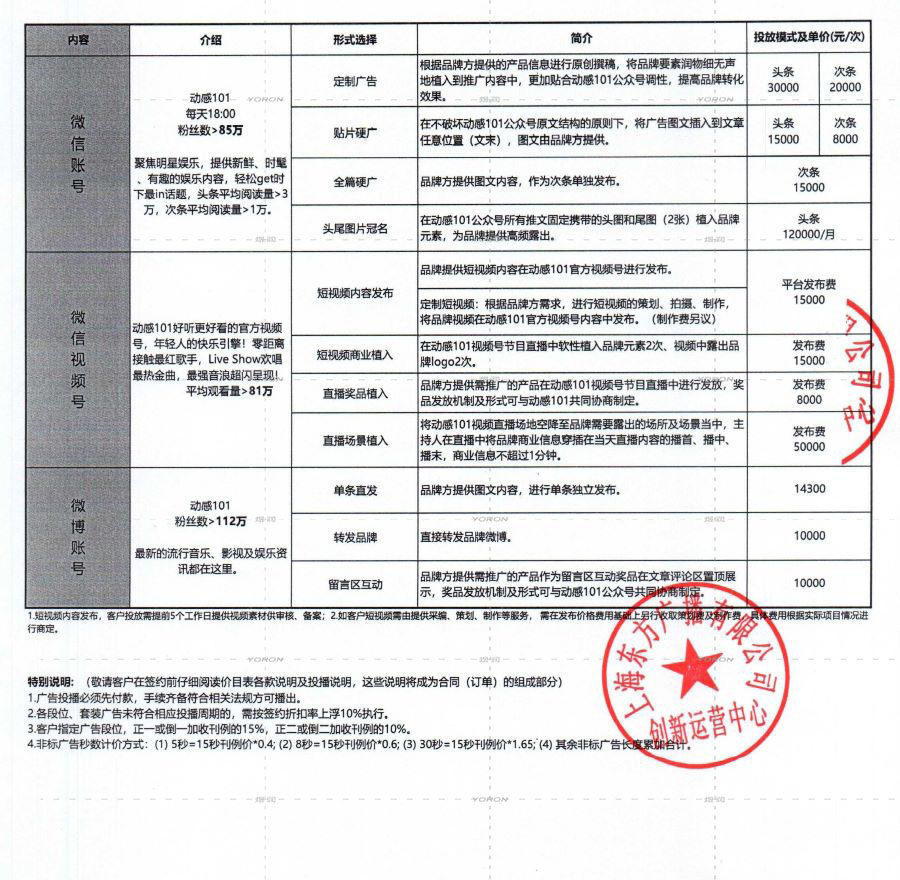 2024年动感101价目表